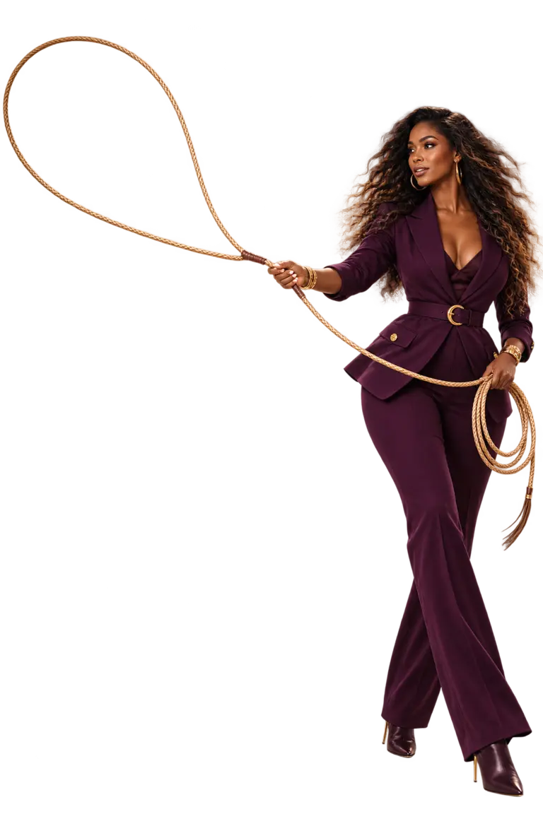 A stylish Black woman welcoming new members with a sweeping gold lasso