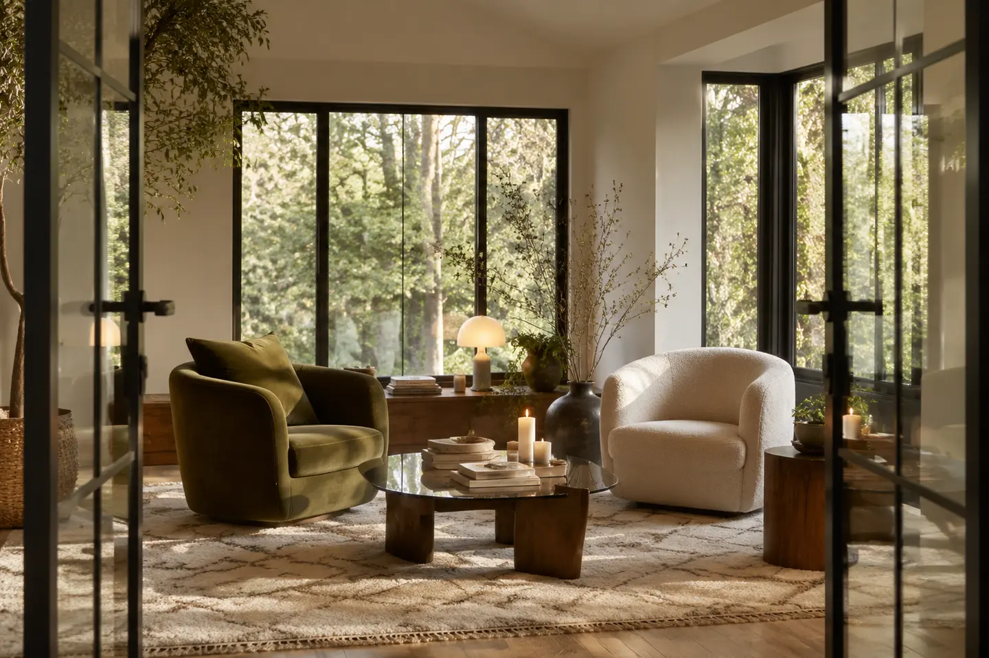 A modern candlelit Live Elle room with open doors and plum lounge chairs